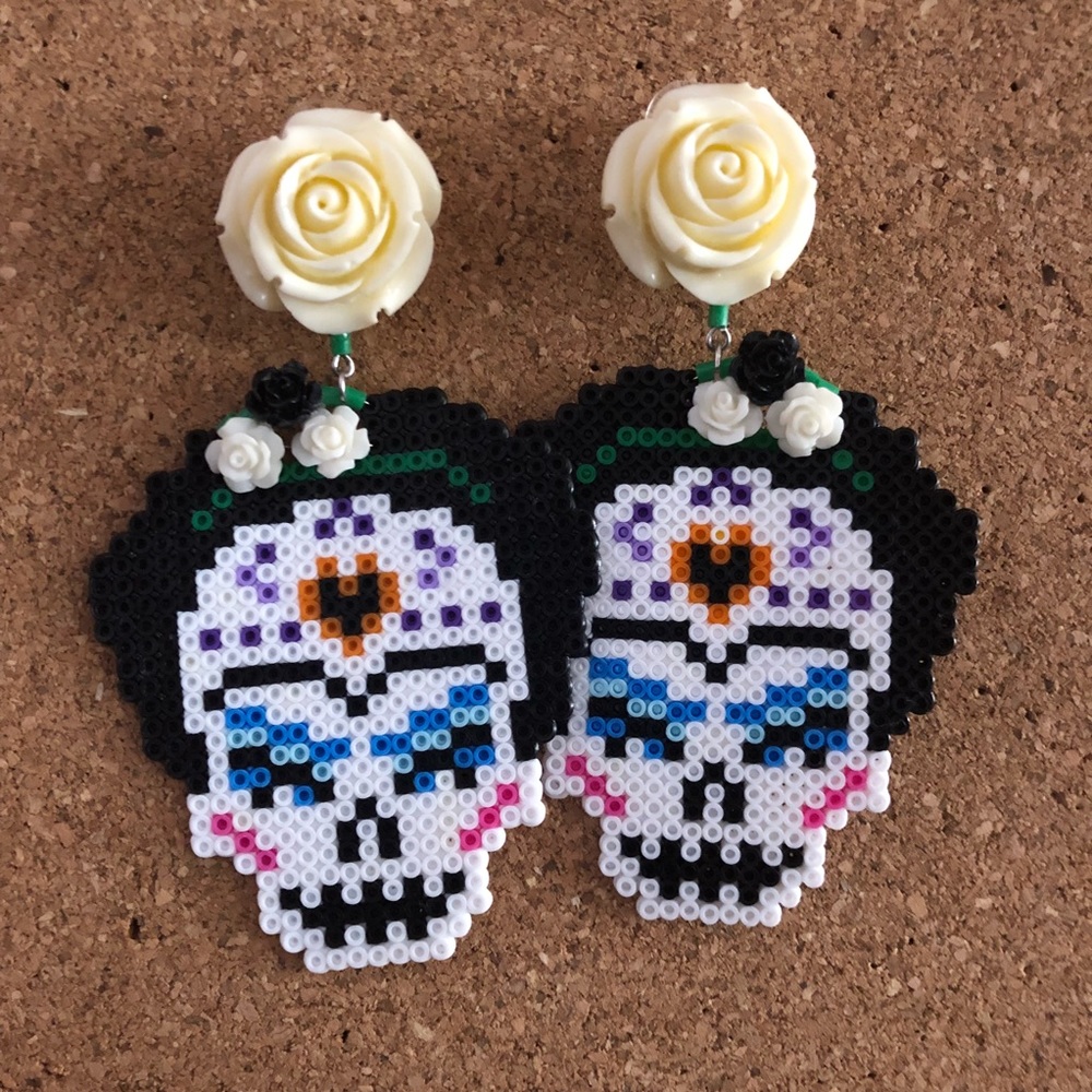 Perler Hama beads Frida Kahlo calavera earrings